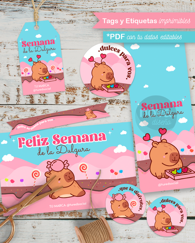 Kit Imprimible Tags y Etiquetas Semana de la Dulzura Capybaras - PDF Datos Editables