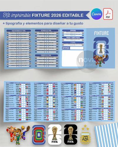 Kit Imprimible Fixture 2026 PDF Editable en CANVA y Programas de Diseño