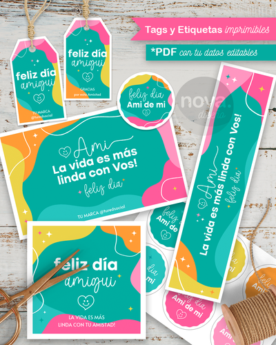 Kit Imprimible Tags y Etiquetas Día del Amigo Colores - PDF Datos Editables