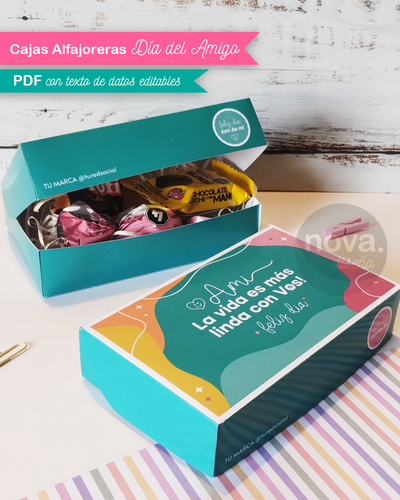 Kit Imprimible Caja Tipo Alfajorera Día de Amigo - PDF con tus Datos Editables