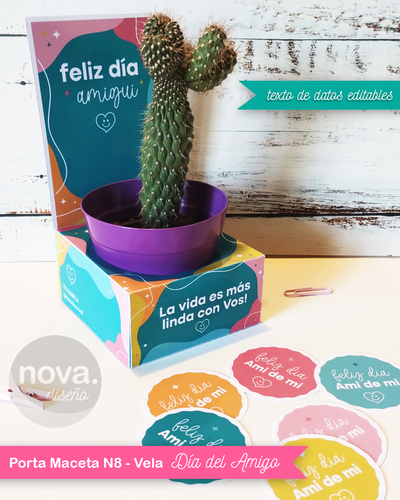 Kit Imprimible Porta Maceta N8 y Vela Día del Amigo Colores - PDF Datos Editables