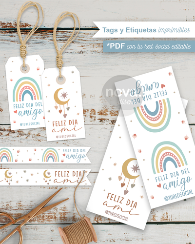 Kit Imprimible Tags y Etiquetas Día del Amigo Boho - PDF Datos Editables