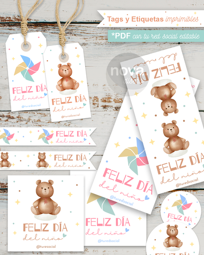 Kit Imprimible Tags y Etiquetas Día del Niño 24 - PDF Datos Editables