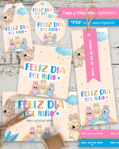 Kit Imprimible Tags y Etiquetas Día del Niño Labubu