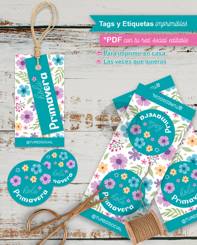 Kit Imprimible Tags y Etiquetas Día de la Primavera Celeste - PDF Redes Editables