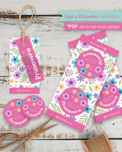 Kit Imprimible Tags y Etiquetas Día de la Primavera Rosa - PDF Redes Editables