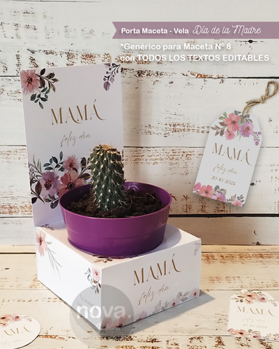 Kit Imprimible Caja Porta Maceta N8 y Vela Genérico Flores con TODOS LOS TEXTOS EDITABLES