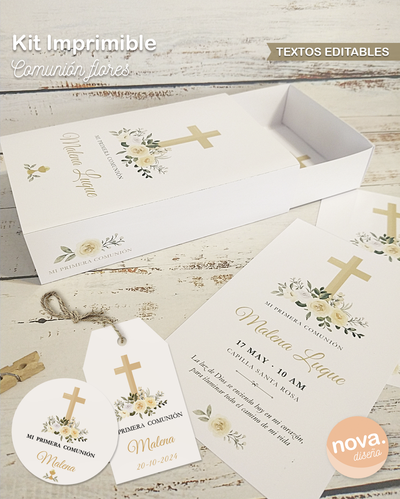 Kit Imprimible Estampitas Comunión Flores + Caja + Etiquetas TODOS LOS TEXTOS EDITABLES