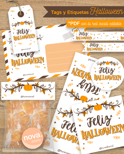 Kit Imprimible Etiquetas Halloween Blanco - TEXTO REDES EDITABLE
