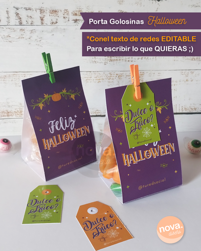 Imprimible Porta Golosinas Halloween con Texto de redes EDITABLE