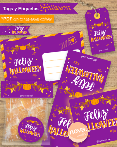 Kit Imprimible Etiquetas Halloween Violeta - TEXTO REDES EDITABLE