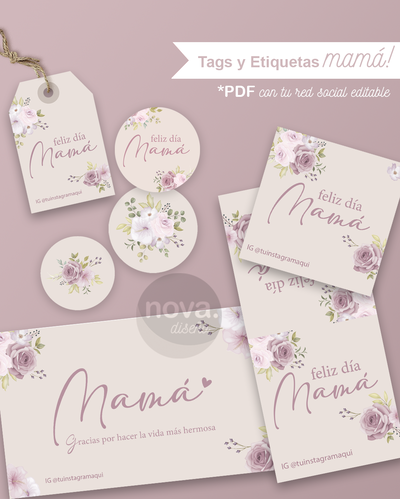 Kit Imprimible Etiquetas Día de la Madre Flores Lilas - TEXTO REDES EDITABLE