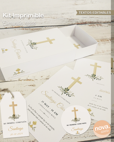 Kit Imprimible Estampitas Comunión Hojas + Caja + Etiquetas TEXTOS EDITABLES