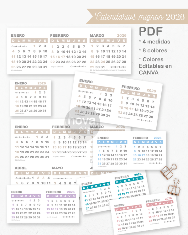 Kit Imprimible Calendario Mignon 2026 Colores - PDF con colores editables en CANVA