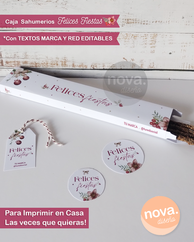 Imprimible Caja Sahumerios Felices Fiestas con Textos de Marca y Red Editables