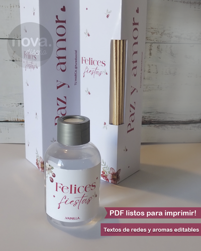Kit Imprimible A4 Caja y Etiquetas Difusor Felices Fiestas Texto Editable