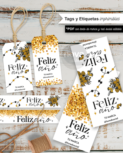 Kit Imprimible Tags y Etiquetas Feliz Año - TEXTOS DE DATOS EDITABLES