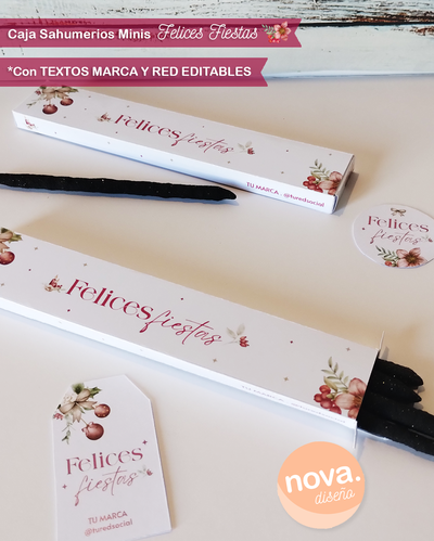 Imprimible Caja Mini Sahumerios Felices Fiestas-Textos de Marca y Red Editables