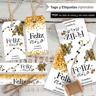 Kit Imprimible Tags y Etiquetas Feliz Año - TEXTOS DE DATOS EDITABLES