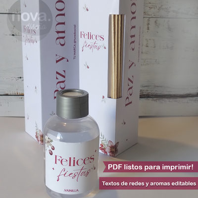 Kit Imprimible A4 Caja y Etiquetas Difusor Felices Fiestas Texto Editable