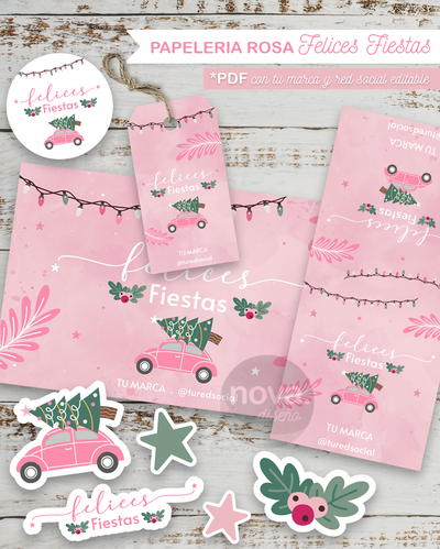 Imprimible Papelería Felices Fiestas ROSA con Textos de Marca y Red Editables