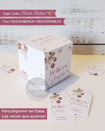 Imprimible Caja Cubo Felices Fiestas con Textos de Marca y Red Editables