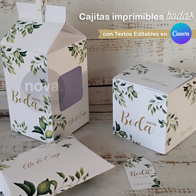 Kit cajitas bodas con textos editables en CANVA