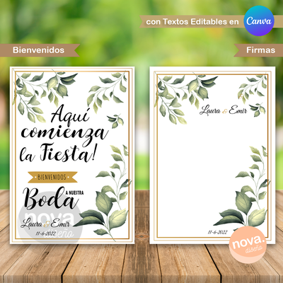 Laminas Imprimibles Bodas Hojas 1 -TEXTOS EDITABLES EN CANVA