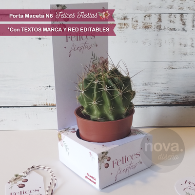 Kit Porta Maceta N6 Felices Fiestas con Textos de Marca y Red Editables