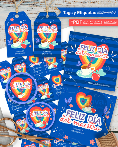 Kit Imprimible Papelería Día del Maestro Azul - PDF con datos editables