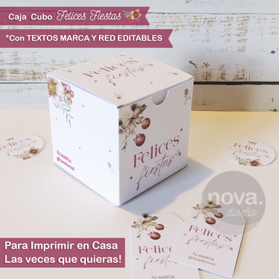 Imprimible Caja Cubo Felices Fiestas con Textos de Marca y Red Editables