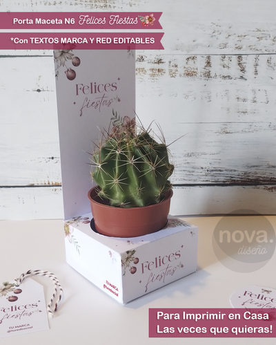 Kit Porta Maceta N6 Felices Fiestas con Textos de Marca y Red Editables