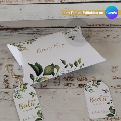 Imprimible Caja Almohadita Boda Hojas -TEXTOS EDITABLES EN CANVA
