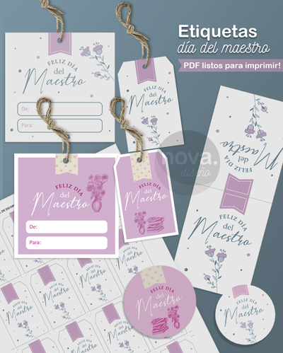 Kit Imprimible ETIQUETAS DIA DEL MAESTRO Rosa y Celeste