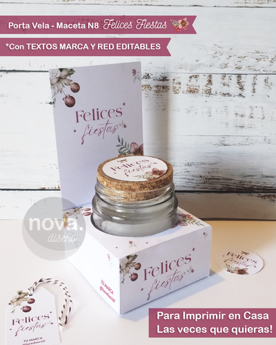 Kit Imprimible Caja Felices Fiestas Porta Vela - Maceta Nro 8