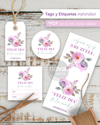 Kit Imprimible Tags y Etiquetas Día de la Madre Flor Lila - TEXTO REDES EDITABLE