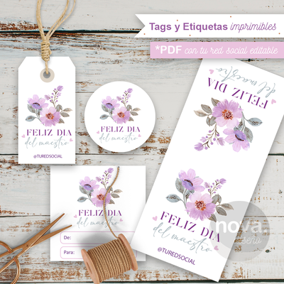 Kit Imprimible Tags y Etiquetas Día del Maestro Flores - PDF Datos Editables
