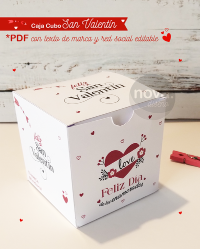 Imprimible Caja Cubo San Valentín - Texto de Marca y Redes Editable