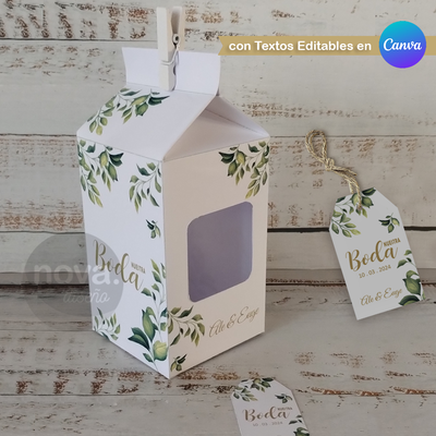 Imprimible Milk Box Boda Hojas -TEXTOS EDITABLES EN CANVA