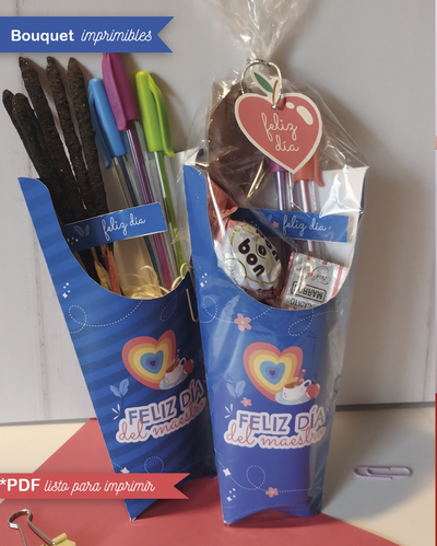 Kit Imprimible Cajitas Bouquet Día del Maestro Azul