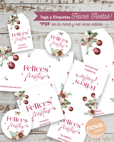 Imprimible Papelería Felices Fiestas con Textos de Marca y Red Editables