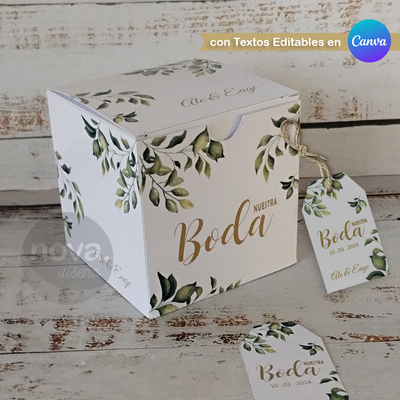 Imprimible Caja Cubo Boda Hojas -TEXTOS EDITABLES EN CANVA