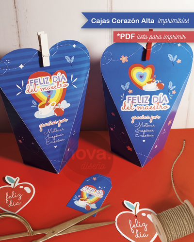 Kit Imprimible Cajitas Corazón Alta Día del Maestro Azul
