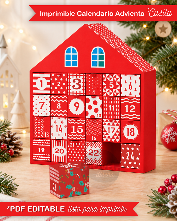 Kit Imprimible Calendario Adviento Casita con Cajitas