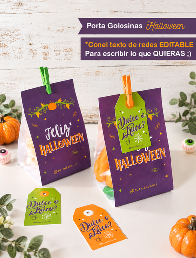 Imprimible Porta Golosinas Halloween con Texto de redes EDITABLE
