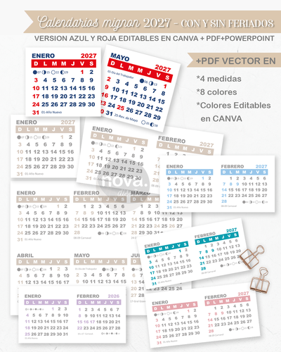 Kit Imprimible Calendario Mignon 2027 Colores - PDF + POWERPOINT + CANVA EDITABLES