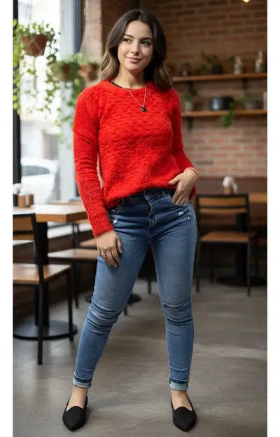 Sweater Pelo De Mono Mujer Talle Unico Rojo Abrigado