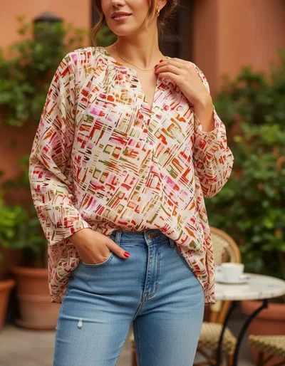 Remera Gasa Blusa Con Volados Escote V Manga Larga