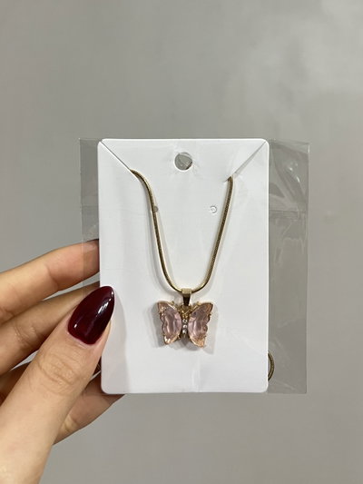 Cadenita cola de ratón + dije mariposa rosa en acero dorado