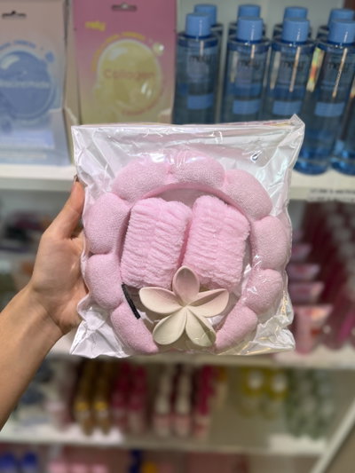 Set skincare vincha + muñequera + broche Mely pack x2